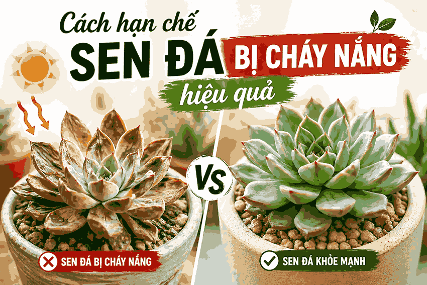 Tìm hiểu cách hạn chế sen đá bị cháy nắng với hình ảnh so sánh thực tế giữa cây bị hư và cây khỏe mạnh, giúp bạn chăm sóc đúng cách.